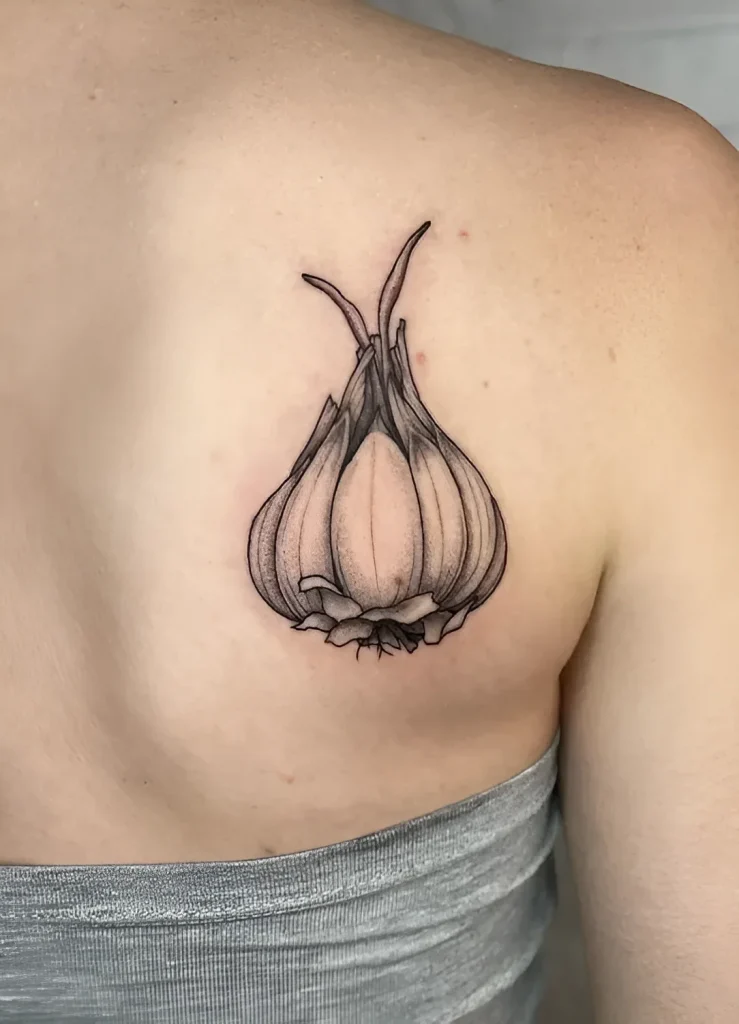 Black and white tattoo of garlic on the shoulder blade, done in graphic technique with detailed clove rendering.