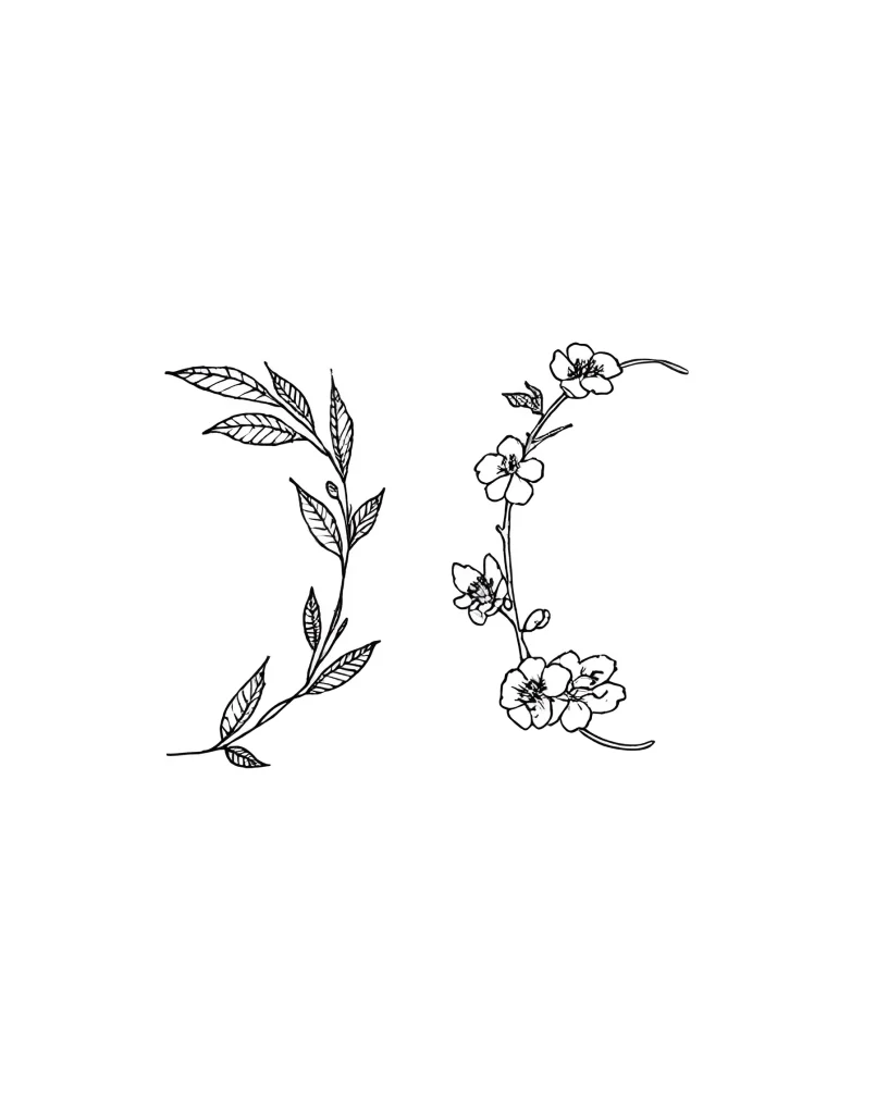 Black and white tattoo sketch under the breast with a branch of leaves and blooming sakura, done in linear graphic technique.