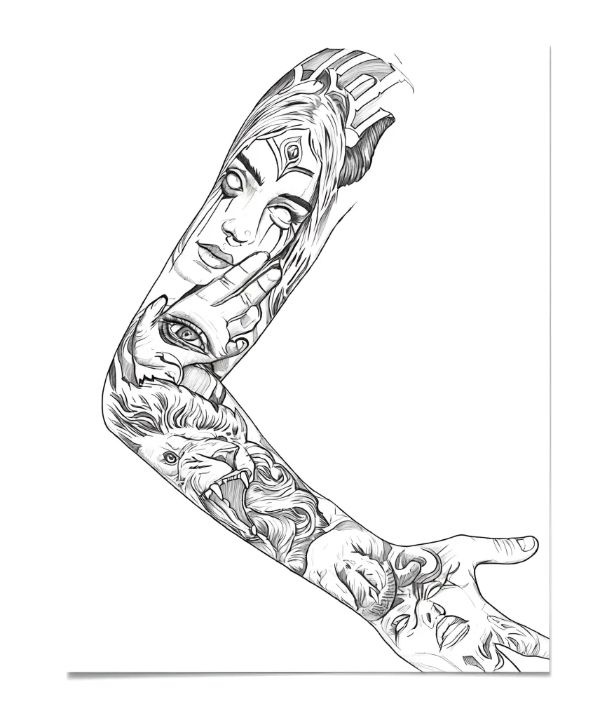 黑白整条手臂纹身草图，描绘了女性肖像，过渡到狼头，采用图形风格。