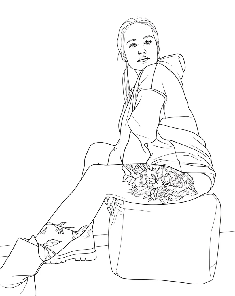 腿部纹身线性草图:穿着连帽衫和运动鞋的女孩肖像,装饰着一束玫瑰,为纹身师提供灵感
