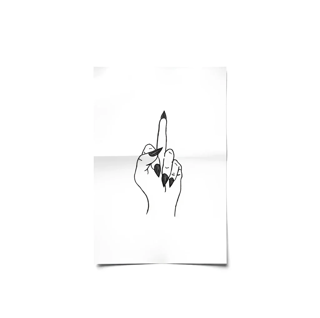 Black and white tattoo sketch: hand with raised middle finger, long pointed nails, minimalist contour drawing.