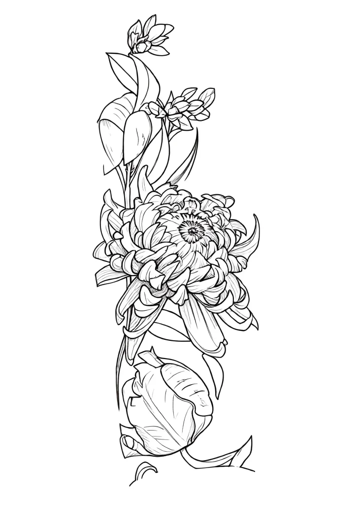 Black and white sketch of a chrysanthemum tattoo with detailed petals and leaves, ideal for the forearm.