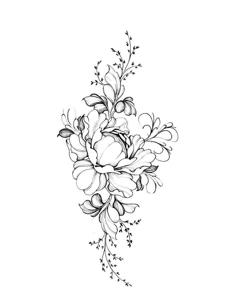 Tatouage noir et blanc représentant un bouquet luxuriant de pivoines, situé sur un biceps musclé, réalisé en technique de linework.
