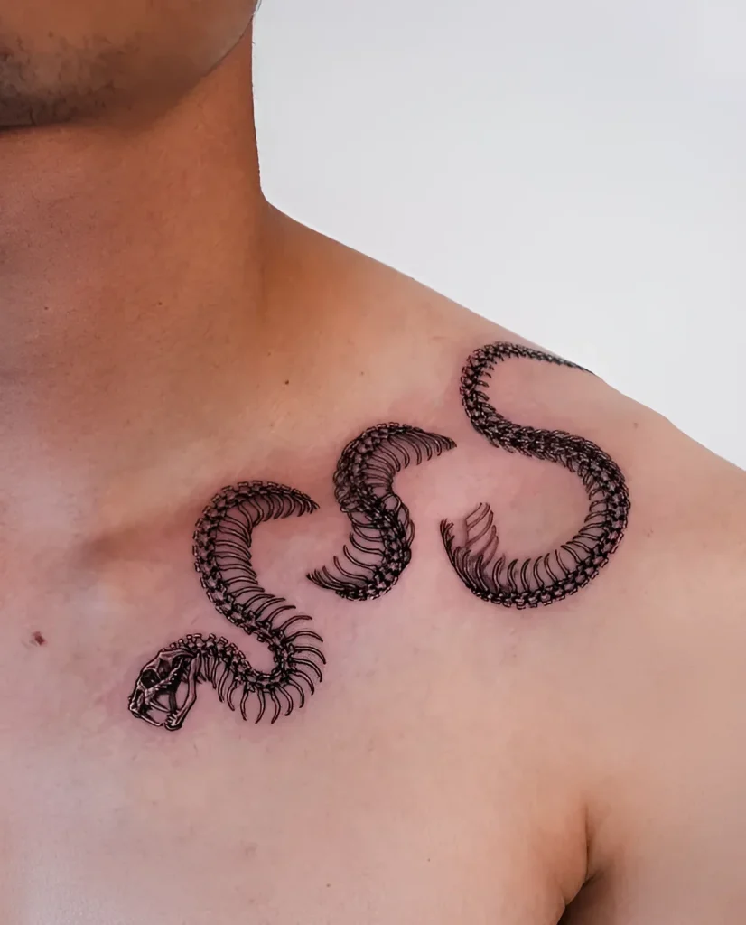 Photo of a tattoo: a detailed snake skeleton, elegantly curved along the man's collarbone, done in fine graphic technique.