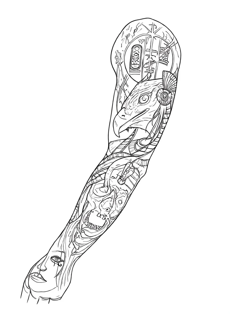 黑白整条手臂纹身草图，描绘了荷鲁斯、娜芙蒂蒂和古埃及符号风格的几何元素。