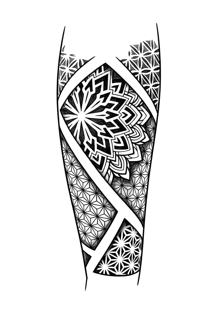 Black and white forearm tattoo with a geometric mandala pattern surrounded by Polynesian motifs, done in dotwork technique.