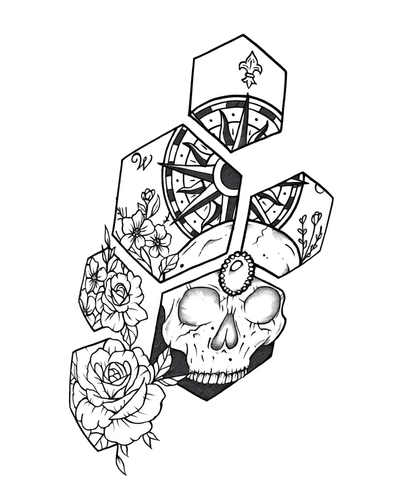 Tatouage noir et blanc sur le biceps représentant un crâne entouré d'une boussole dans des figures géométriques et des roses, réalisé dans un style graphique.
