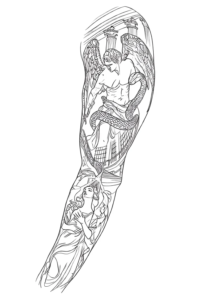 黑白整条手臂纹身草图，描绘了一个被蛇缠绕的天使，背景是建筑元素和植物图案。