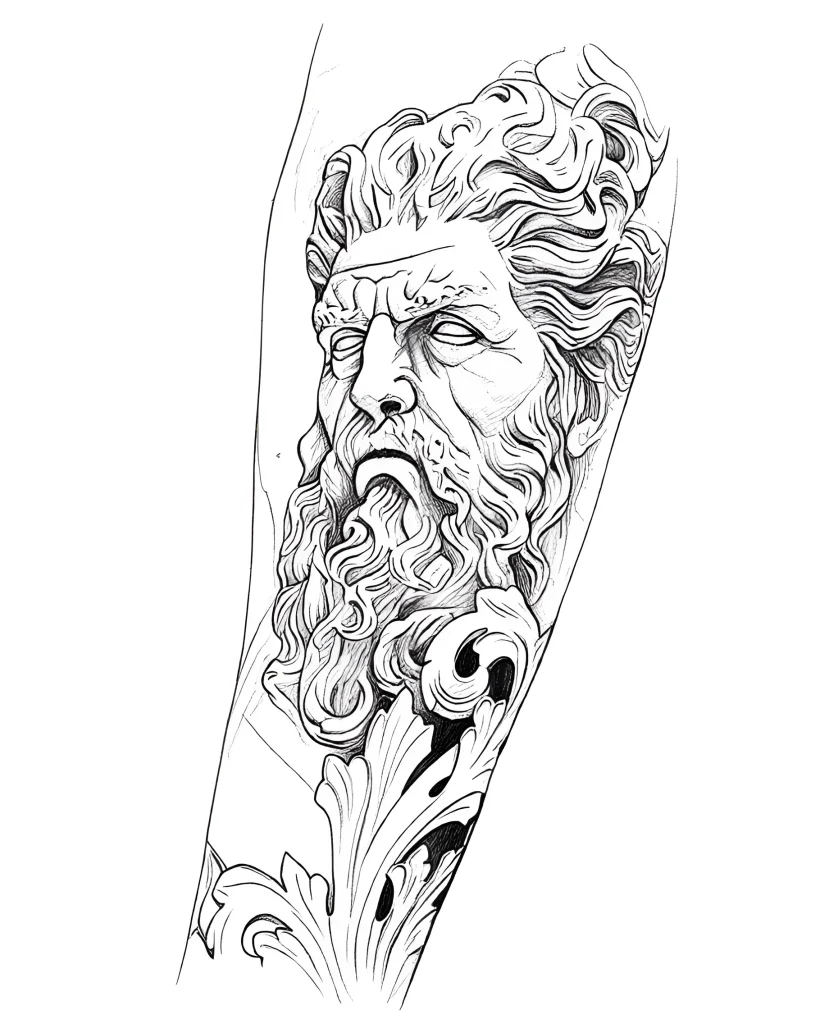 Black and white forearm tattoo depicting Poseidon's head surrounded by floral ornament in neoclassical style.