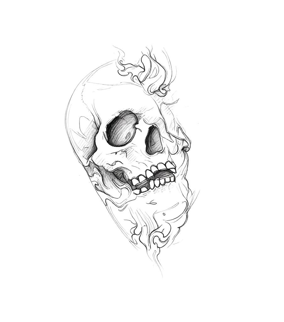 Tatouage noir et blanc d'un crâne avec des flammes, réalisé dans un style graphique, pour le tatouage sur le biceps.