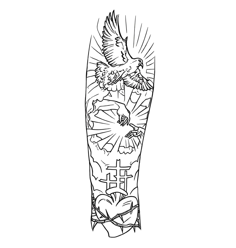 Black and white sketch of a forearm tattoo depicting a dove, symbolizing the Holy Spirit, a cross, and a crown of thorns, done in a graphic style.