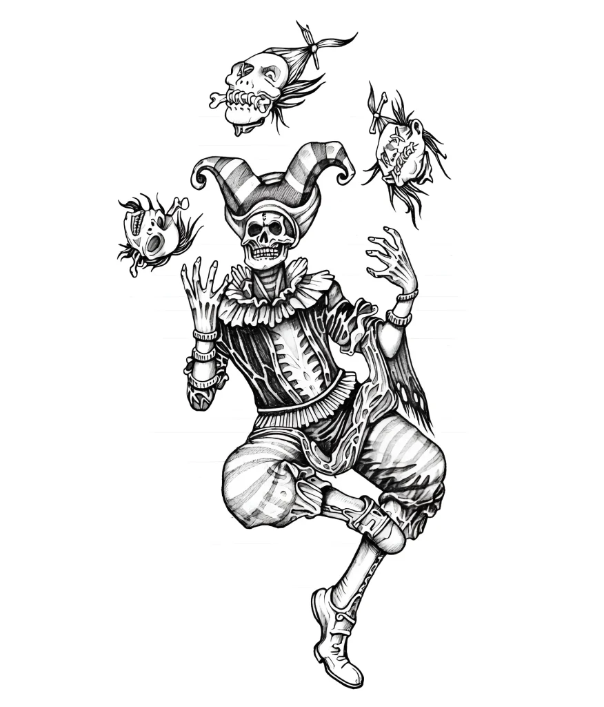 Tatouage noir et blanc sur le biceps : Squelette en costume de bouffon jonglant avec des crânes, réalisé en technique Old School avec un hachurage prononcé.