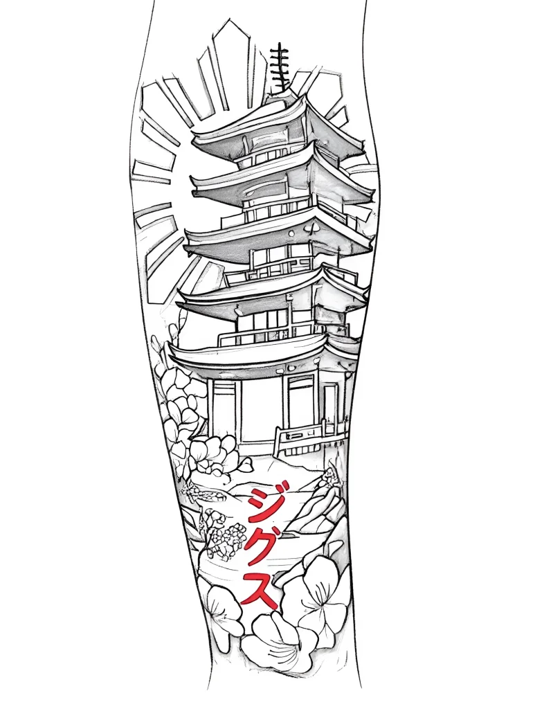 Black and white forearm tattoo depicting a multi-tiered Japanese pagoda surrounded by sakura blossoms and hieroglyphs