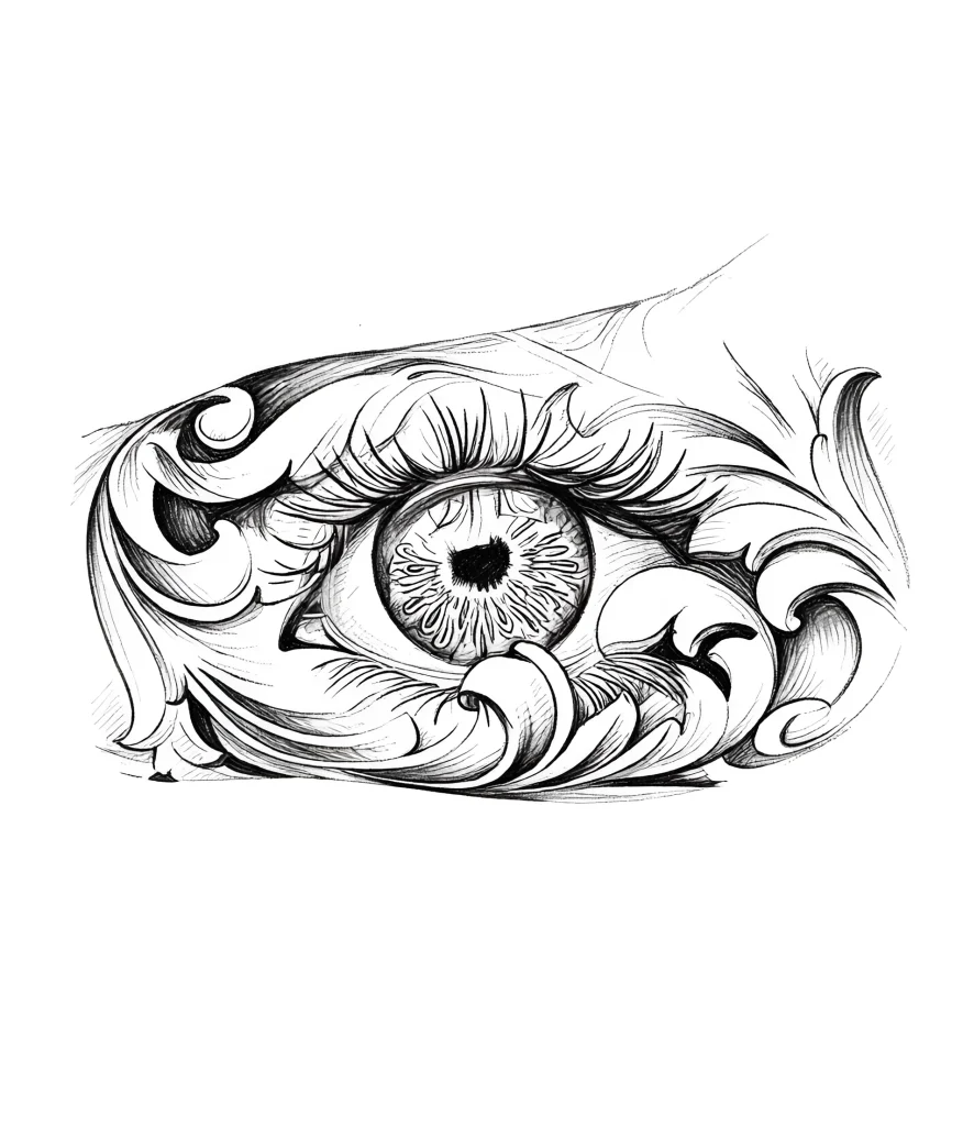 Tatouage noir et blanc d'un œil avec des motifs complexes, réalisé dans un style graphique, pour être placé sur le biceps.