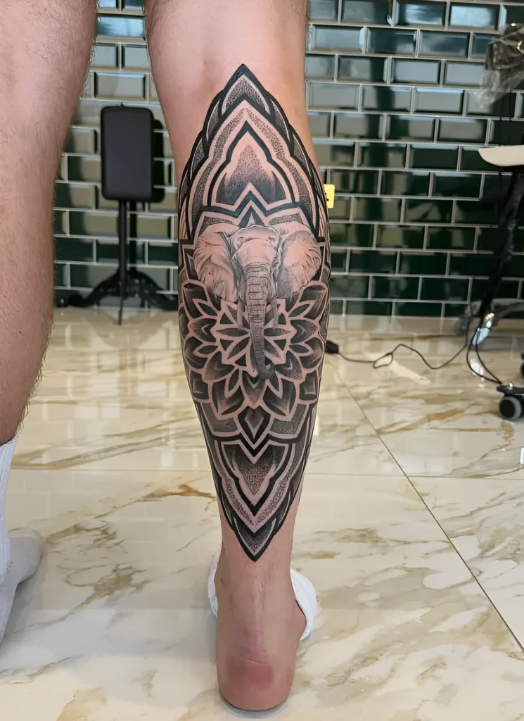 Black and white calf tattoo depicting an elephant in the center of a mandala, done in dotwork technique.