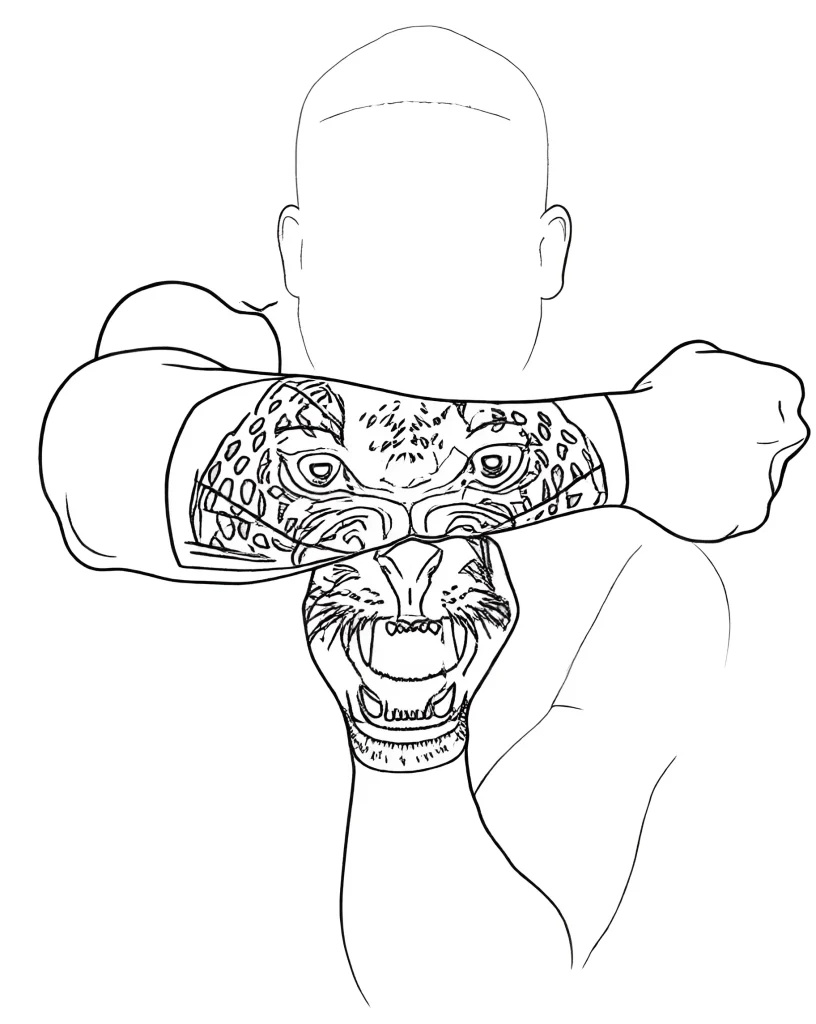 Black and white sketch of a tiger tattoo on the forearm, wrapping around the arm, with detailed rendering of the face and fur.