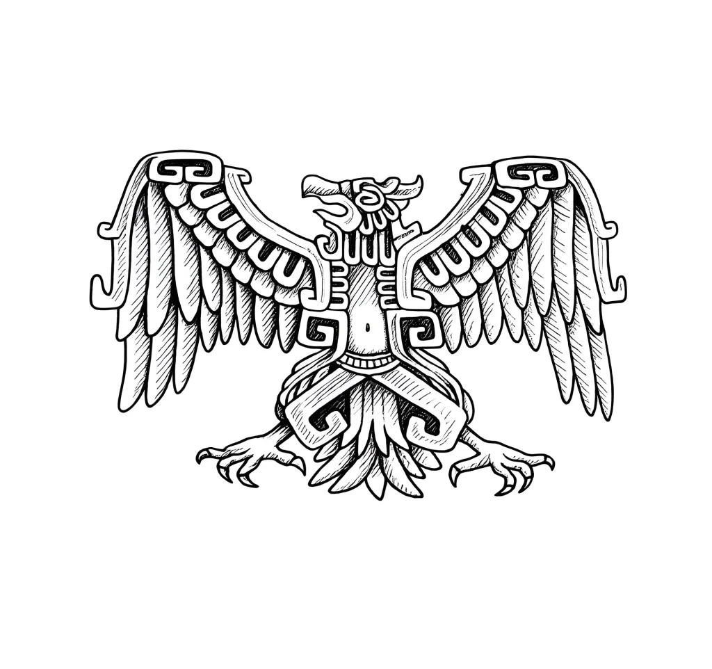Croquis de tatouage noir et blanc d'un aigle dans le style de l'art mésoaméricain traditionnel, parfaitement adapté au biceps.