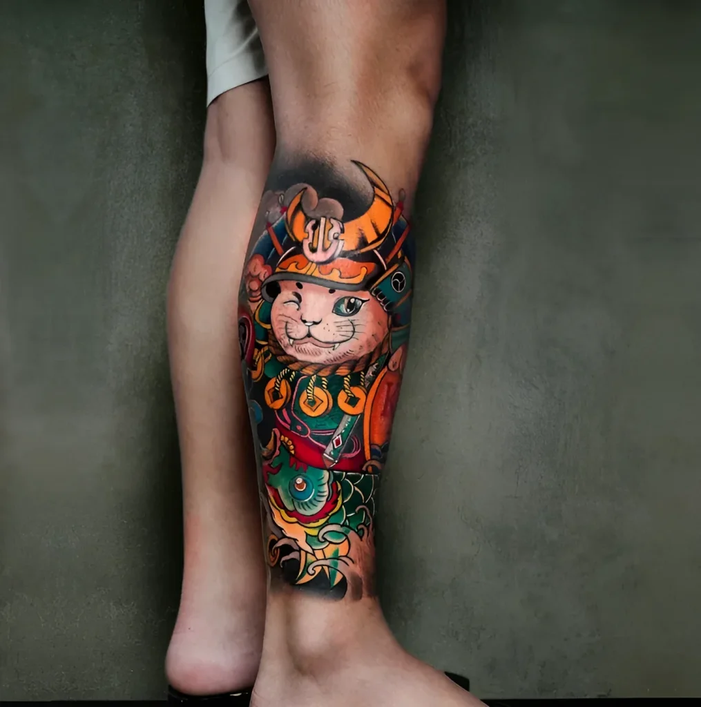 Bright calf tattoo: image of a cat in a samurai helmet, done in surrealism style with elements of traditional Japanese symbolism.