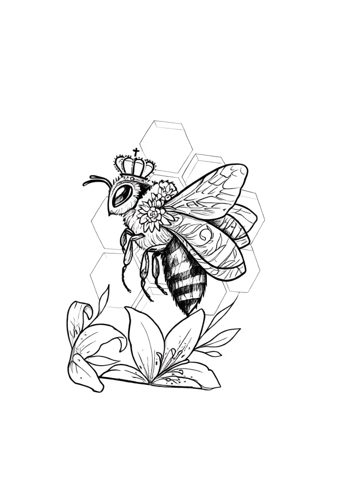 Black and white tattoo of a bee in a crown against a background of honeycomb and lilies, done in a graphic style on the forearm.
