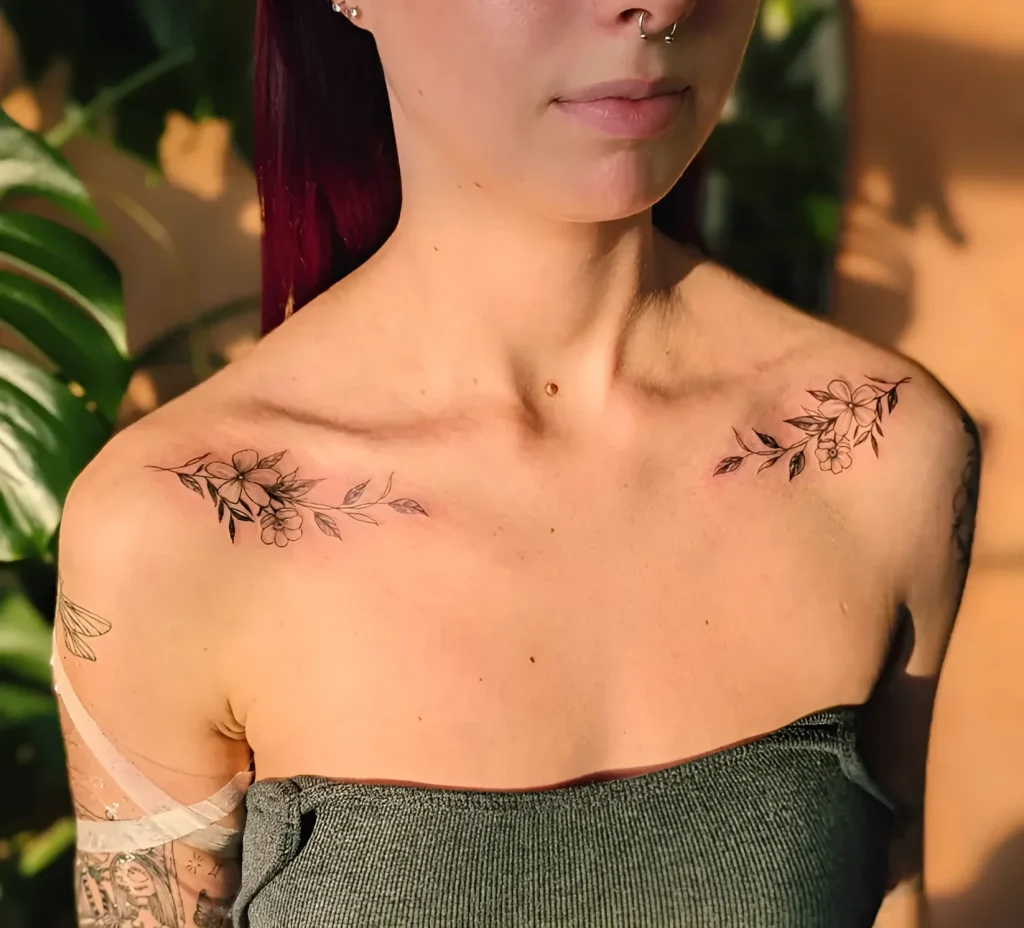 Photo of a tattoo: an elegant branch with flowers on a girl's collarbone, done in fine graphic technique.