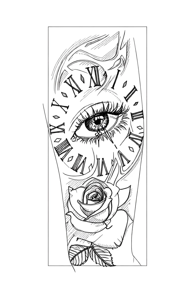 Black and white forearm tattoo: realistic eye surrounded by Roman numerals, transitioning into an image of a blooming rose.