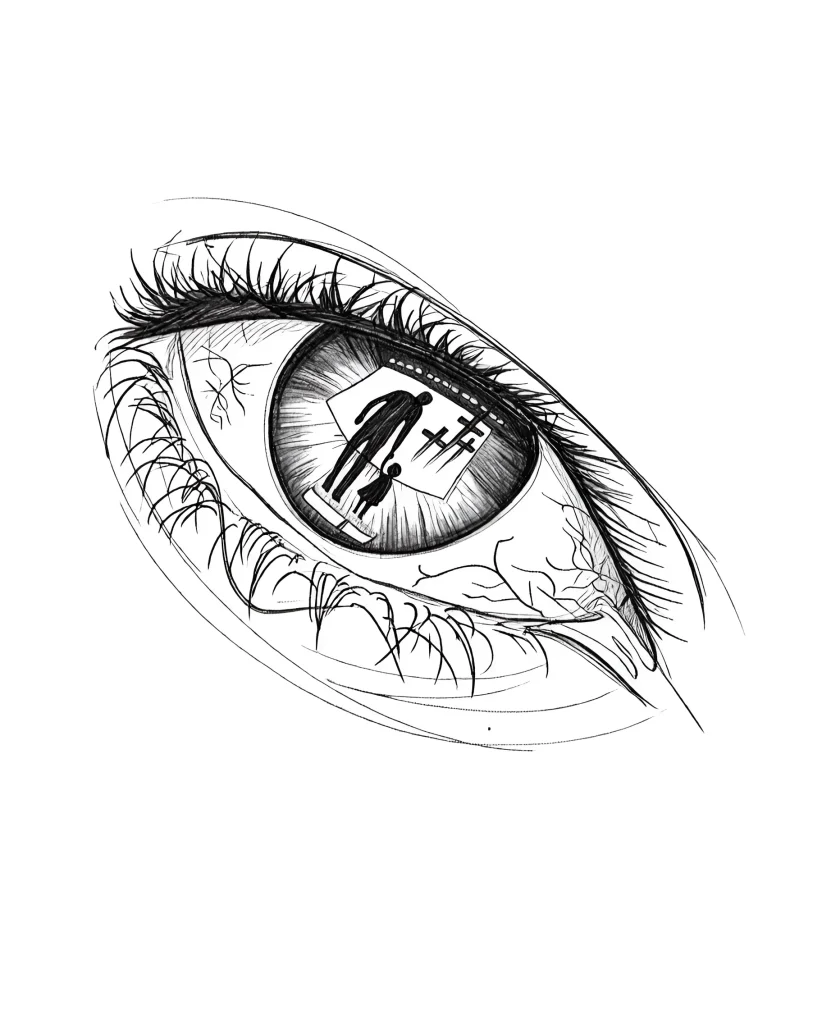 Tatouage noir et blanc d'un œil dont la pupille représente un paysage surréaliste avec des figures humaines et un arbre, réalisé en technique graphique.