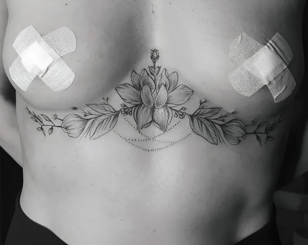 Black and white tattoo under the female breast with a large magnolia flower and thin branches, done in dotwork technique.