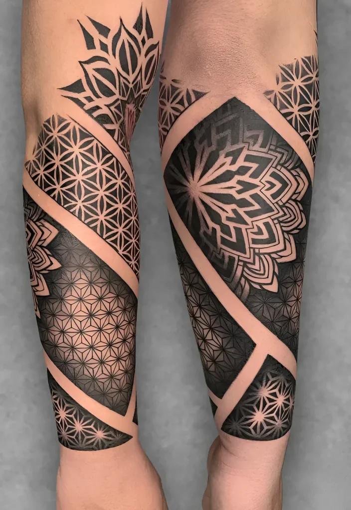 Black and white forearm tattoo with geometric patterns, a mandala, and a diamond grid, done in dotwork technique.