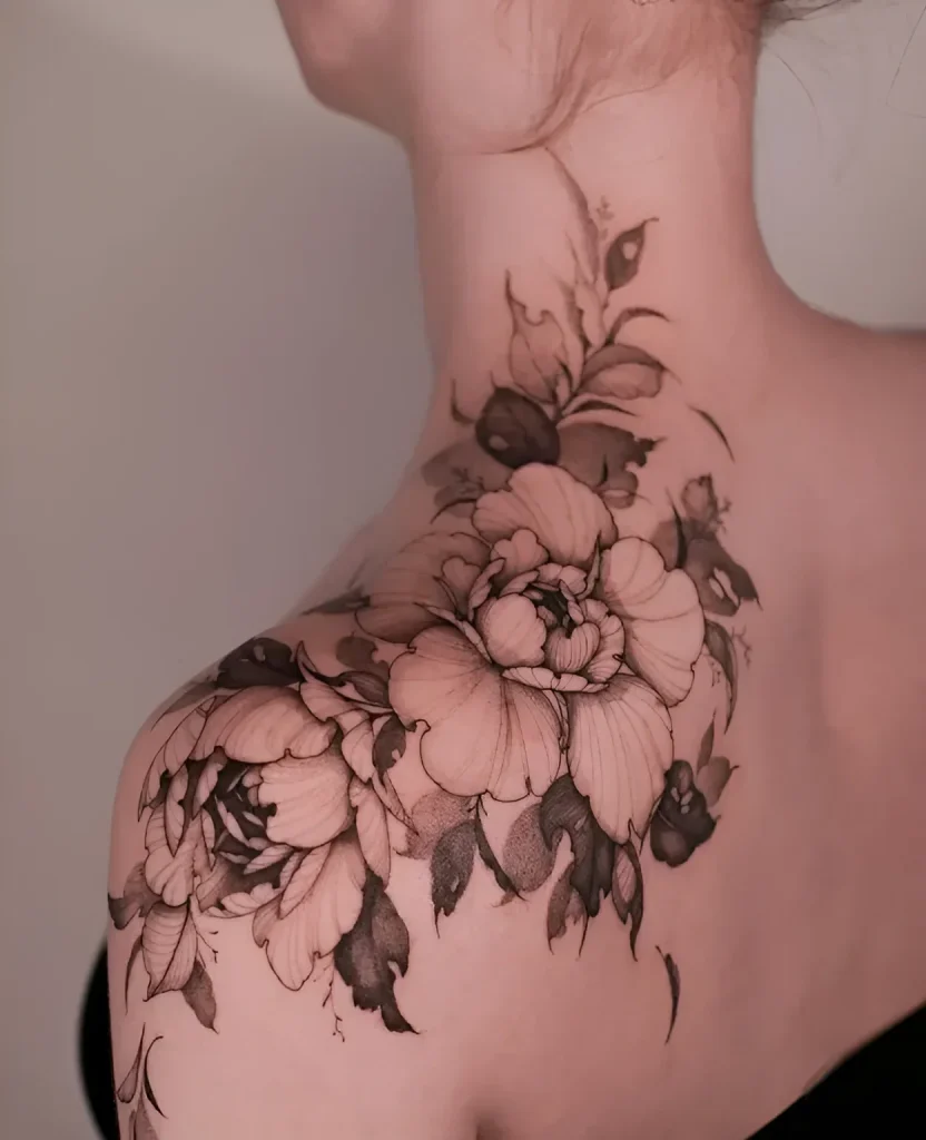 Black and white peony tattoo on the deltoid muscle, done in graphic style with stippling.