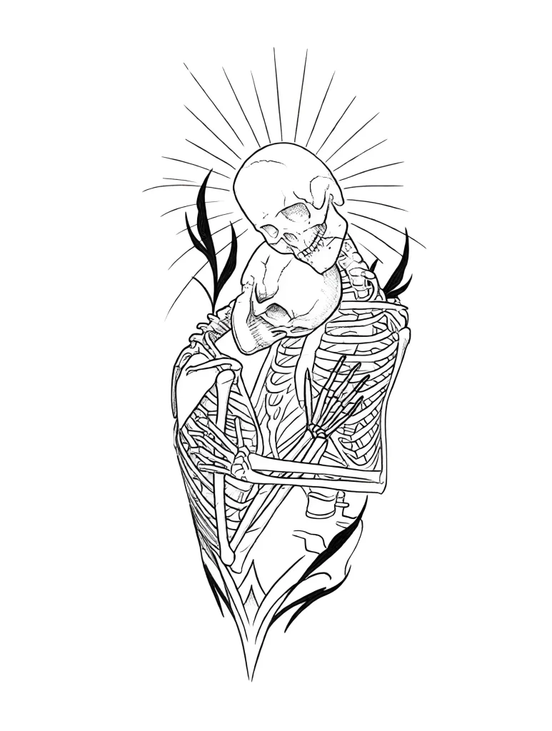 Croquis de tatouage noir et blanc sur le biceps : un squelette enlace tendrement un petit chaton, rayons de lumière, éléments gothiques.