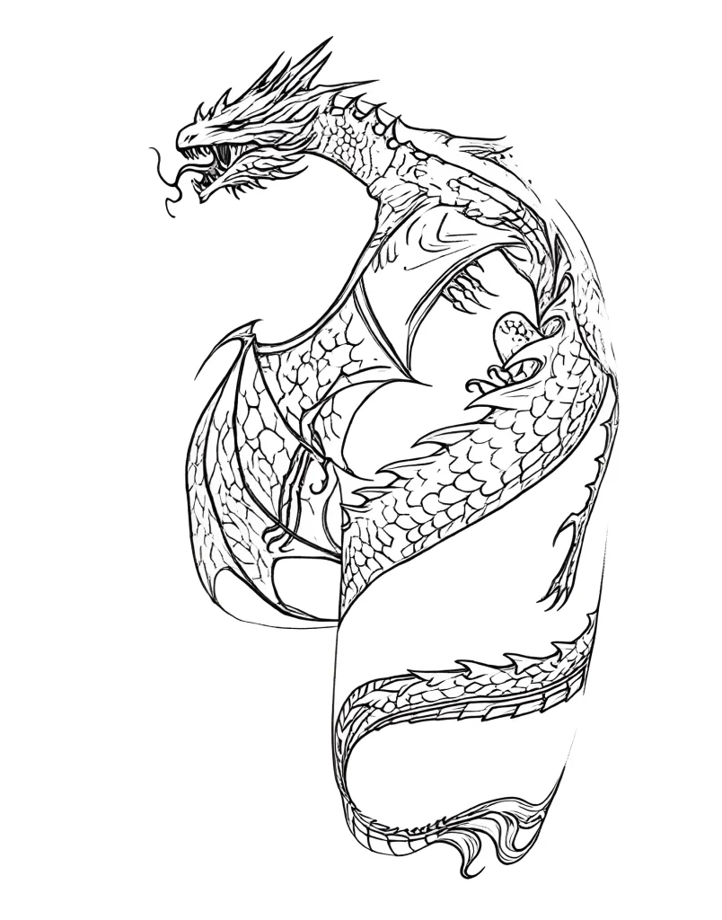 Black and white sketch of a dragon tattoo wrapping around a shoulder, with detailed scales and wings.