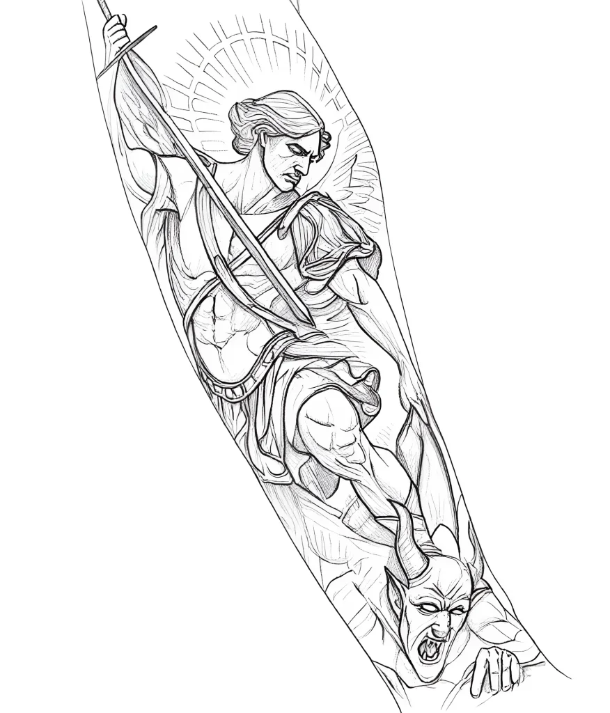 Black and white sketch of a forearm tattoo depicting Archangel Michael fighting a demon, done in a graphic style.
