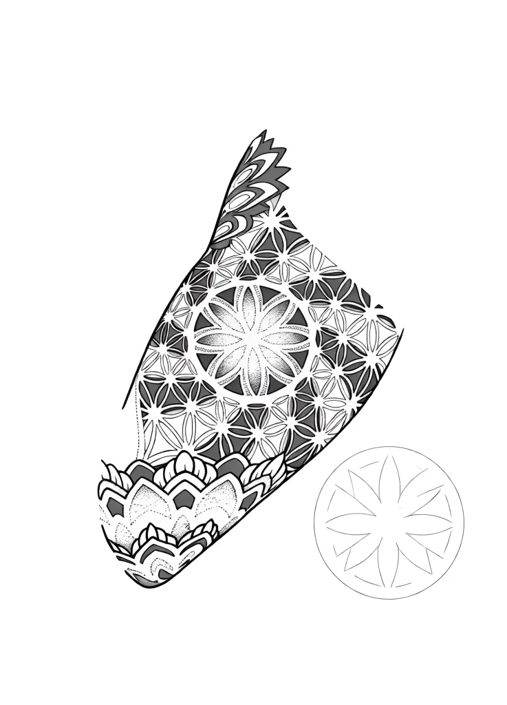 Tatouage noir et blanc sur le biceps : un motif géométrique complexe en forme d'aile avec une mandala au centre, réalisé en technique dotwork.