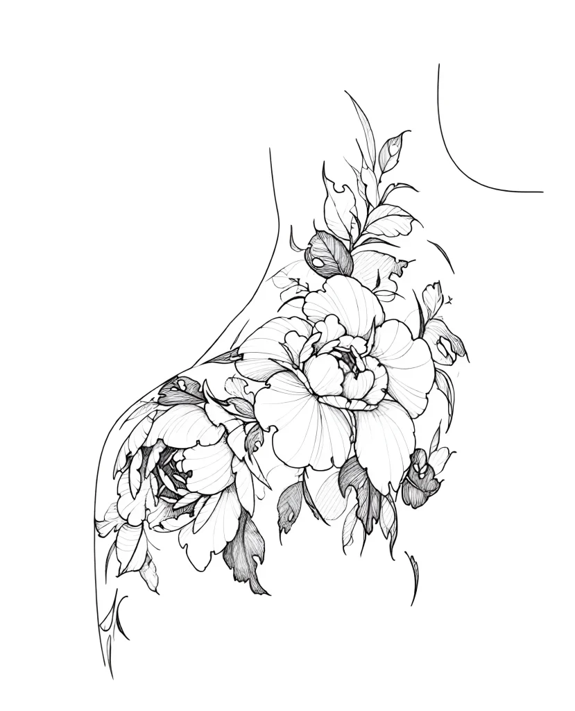 Black and white peony tattoo on the shoulder's deltoid muscle, done in linear graphic style, sketch for inspiration.
