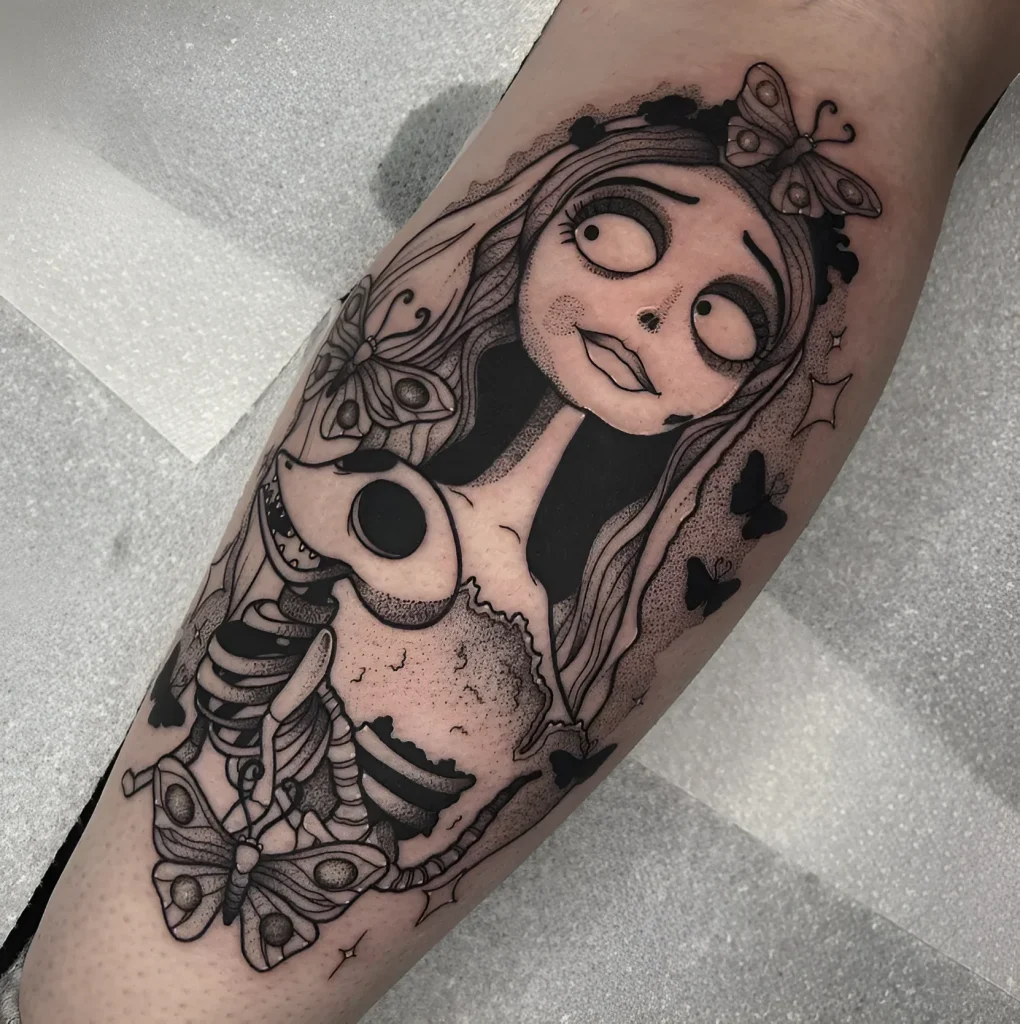 Black and white calf tattoo depicting Corpse Bride holding a skeleton, surrounded by butterflies and stars.