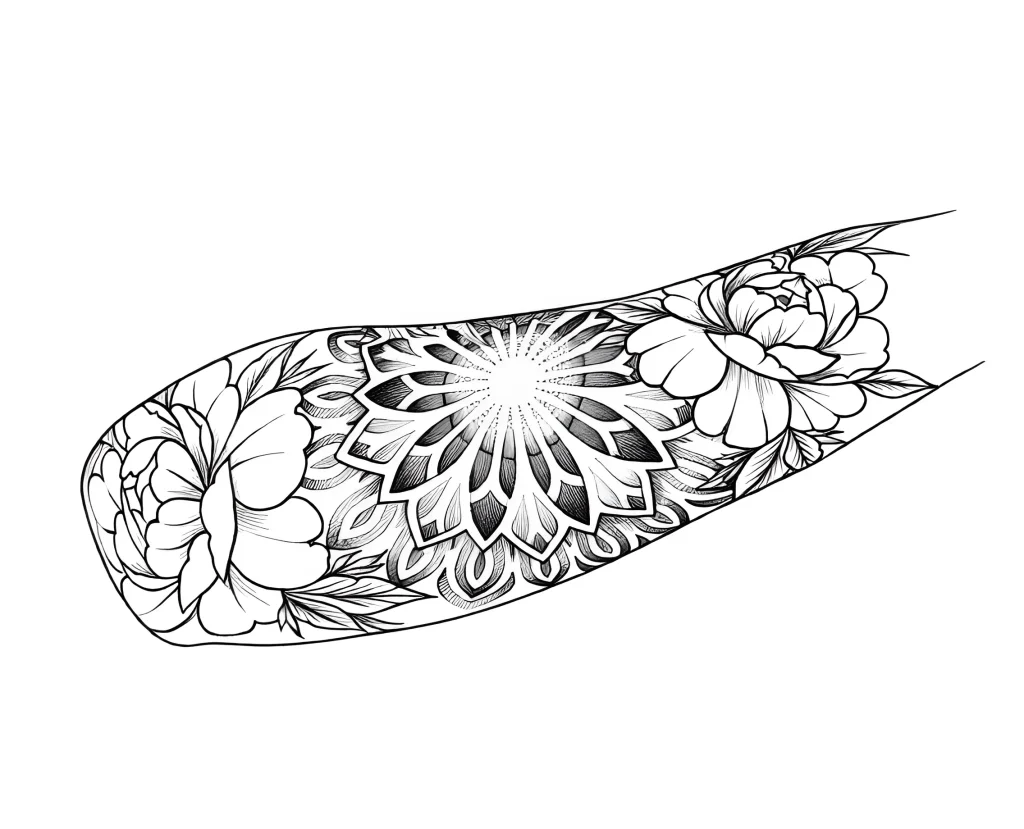 Black and white forearm tattoo with a mandala in the center and lush peonies on the sides, done in a graphic style.