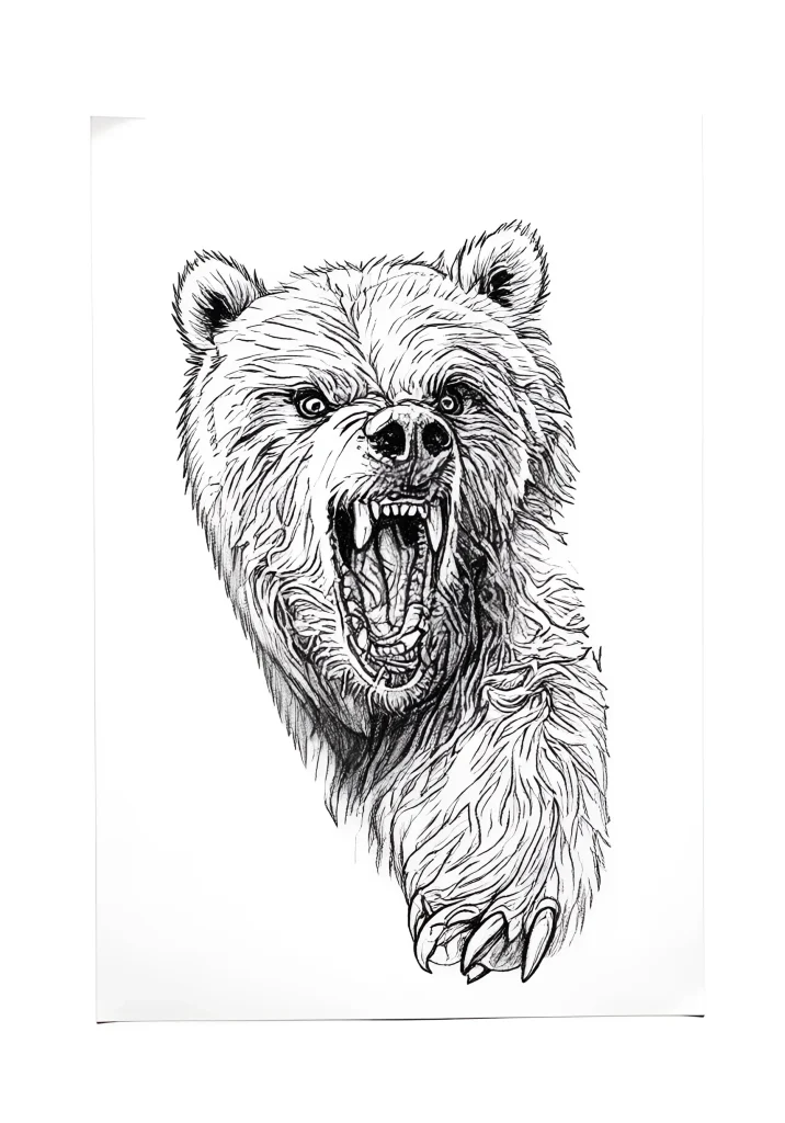 Tatouage noir et blanc d'un ours sur le biceps, graphique détaillé, ours rugissant, vue de la tête et de la patte.