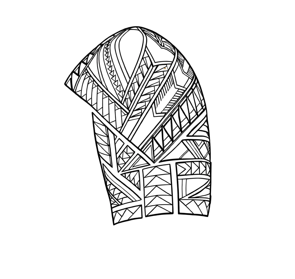 Black and white Polynesian pattern tattoo covering the deltoid muscle, with an emphasis on geometric shapes and symbolism.