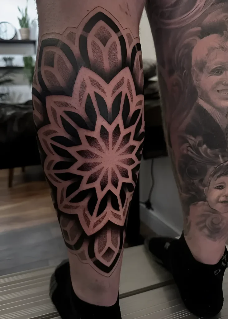 Black and white calf tattoo in Dotwork style, depicting a complex geometric pattern resembling a flower or mandala.