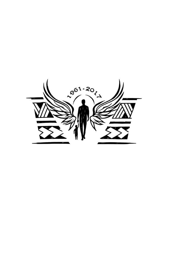 Black and white forearm tattoo depicting the silhouettes of a man and a child, crowned with angel wings, and the dates 1961-2017.