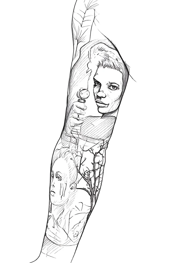 Tatouage noir et blanc sur le biceps : portrait d'une femme avec un pistolet, se transformant en branches d'arbre, réalisé dans un style graphique.
