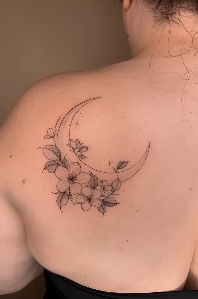 Black and white tattoo on the shoulder blade: a crescent moon entwined with sakura branches and small stars, done in a fine graphic technique.