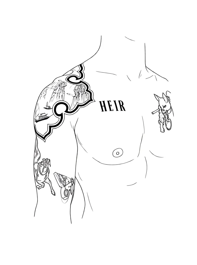 Black and white shoulder tattoo on a man: detailed mountain landscape with architectural elements and a fox, done in graphic style.