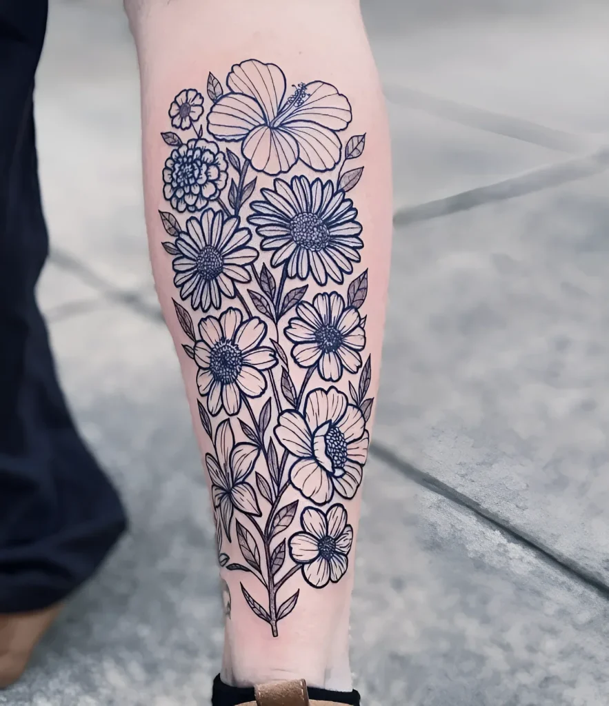 Black and white calf tattoo depicting various flowers in line art style, done with clear outlines.