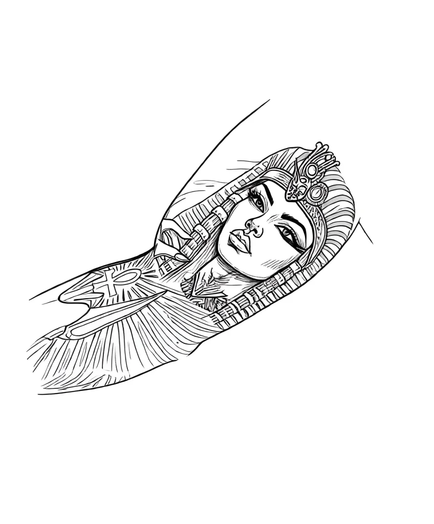 Croquis de tatouage sur le biceps : visage d'une déesse égyptienne avec une coiffe et des ailes en contour noir.