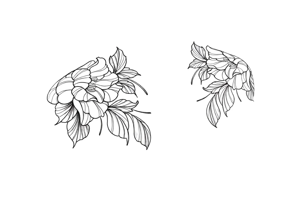 Black and white peony tattoo sketches for the shoulder, done in graphic style, with emphasis on petal and leaf detail.