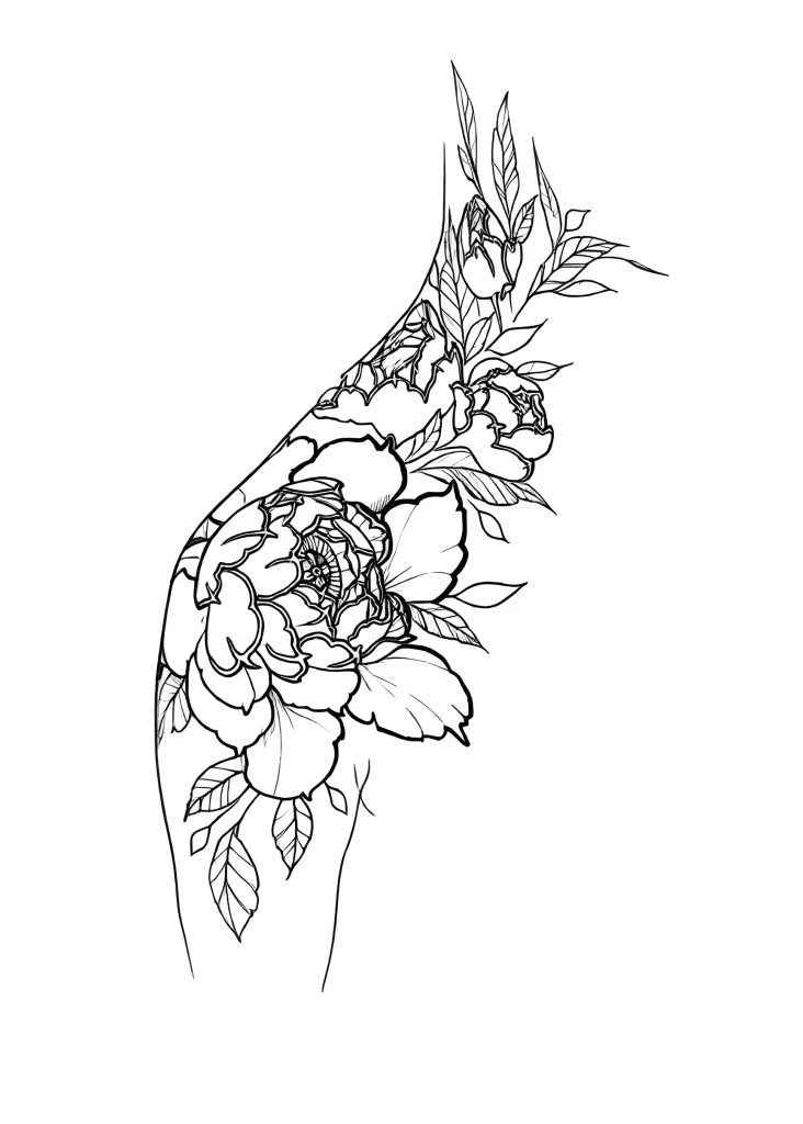 Black and white peony tattoo sketch for the deltoid muscle, with detailed petal and leaf work.