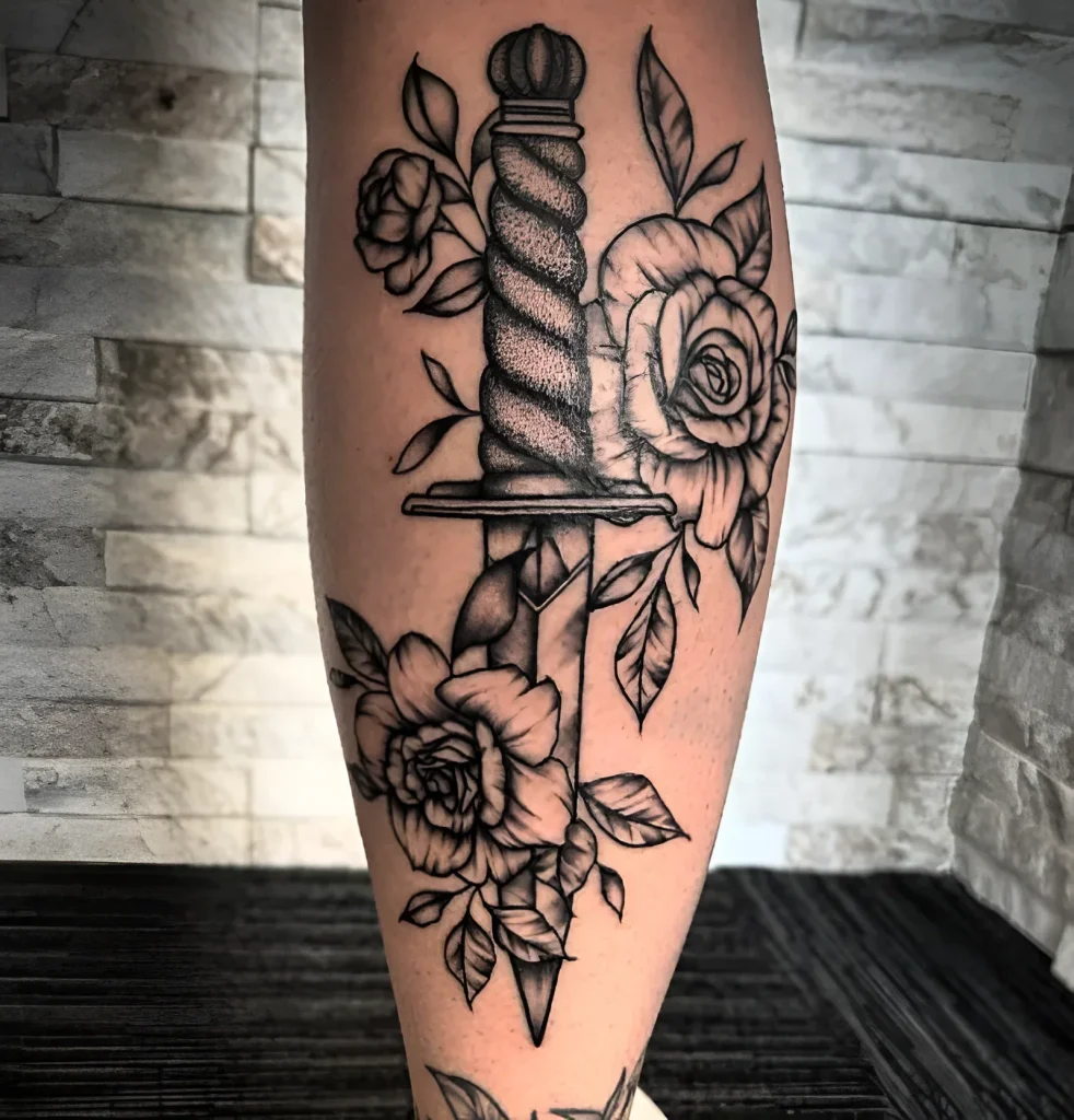 Black and white calf tattoo: realistic dagger entwined with rose buds and leaves, done in dotwork technique.