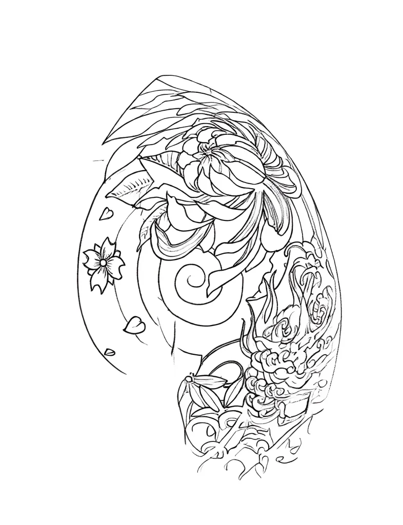 Black and white shoulder tattoo sketch in the shape of a deltoid muscle with a lotus flower, waves, and floral elements.