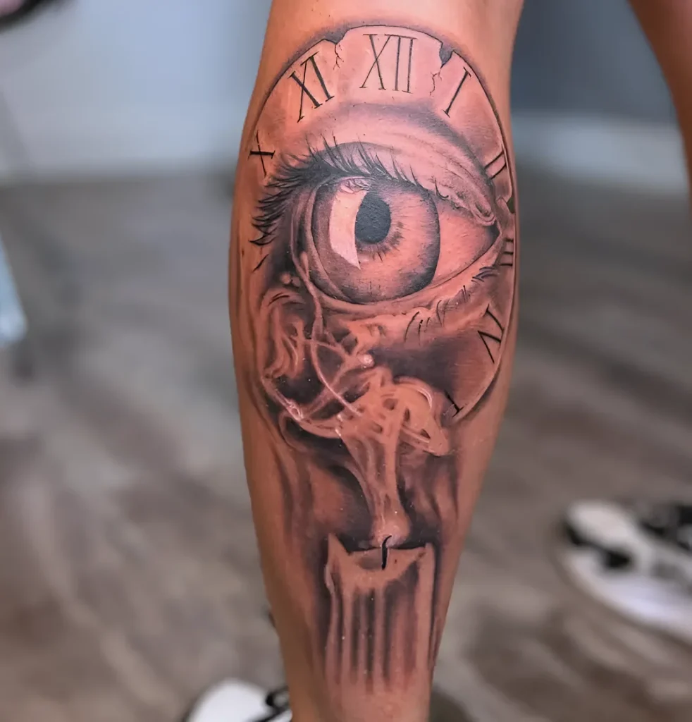 Photo of a calf tattoo: realistic depiction of a human eye surrounded by Roman numerals and a melting candle, done in black and white tattoo technique.